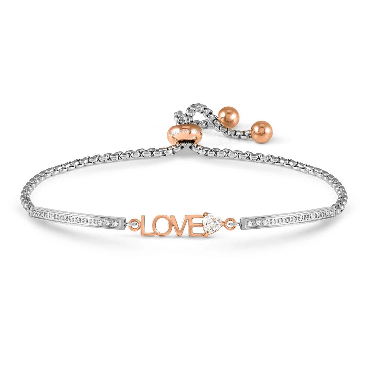 Nomination MILLELUCI LOVE EDITION Armband aus Edelstahl, dazu mit Cubic Zirkonia verzierter LOVE-Schriftzug, rosé PVD-beschichtet (001_(LOVE))