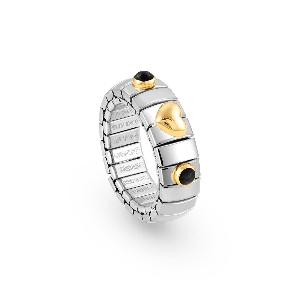 Nomination Ring XTE in Edelstahl, HERZ in 750er Gold und mit 2 Edelsteinen (002_ACHAT SCHWARZ)