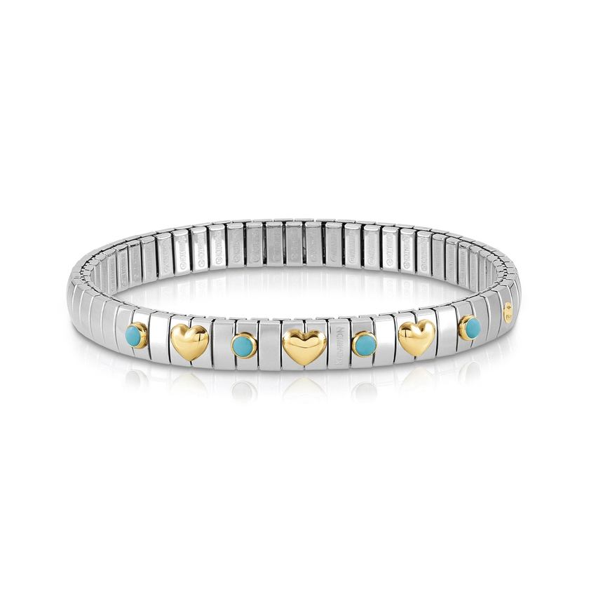 Nomination Armband XTE in Edelstahl, 3 HERZEN in 750er Gold und mit 4 Edelsteinen (003_TURKIS)
