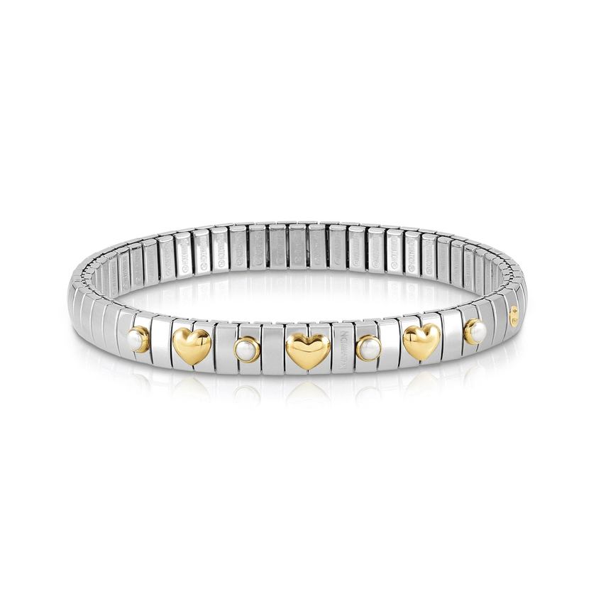 Nomination Armband XTE in Edelstahl, 3 HERZEN in 750er Gold und mit 4 Edelsteinen (007_PERLE WEISS)