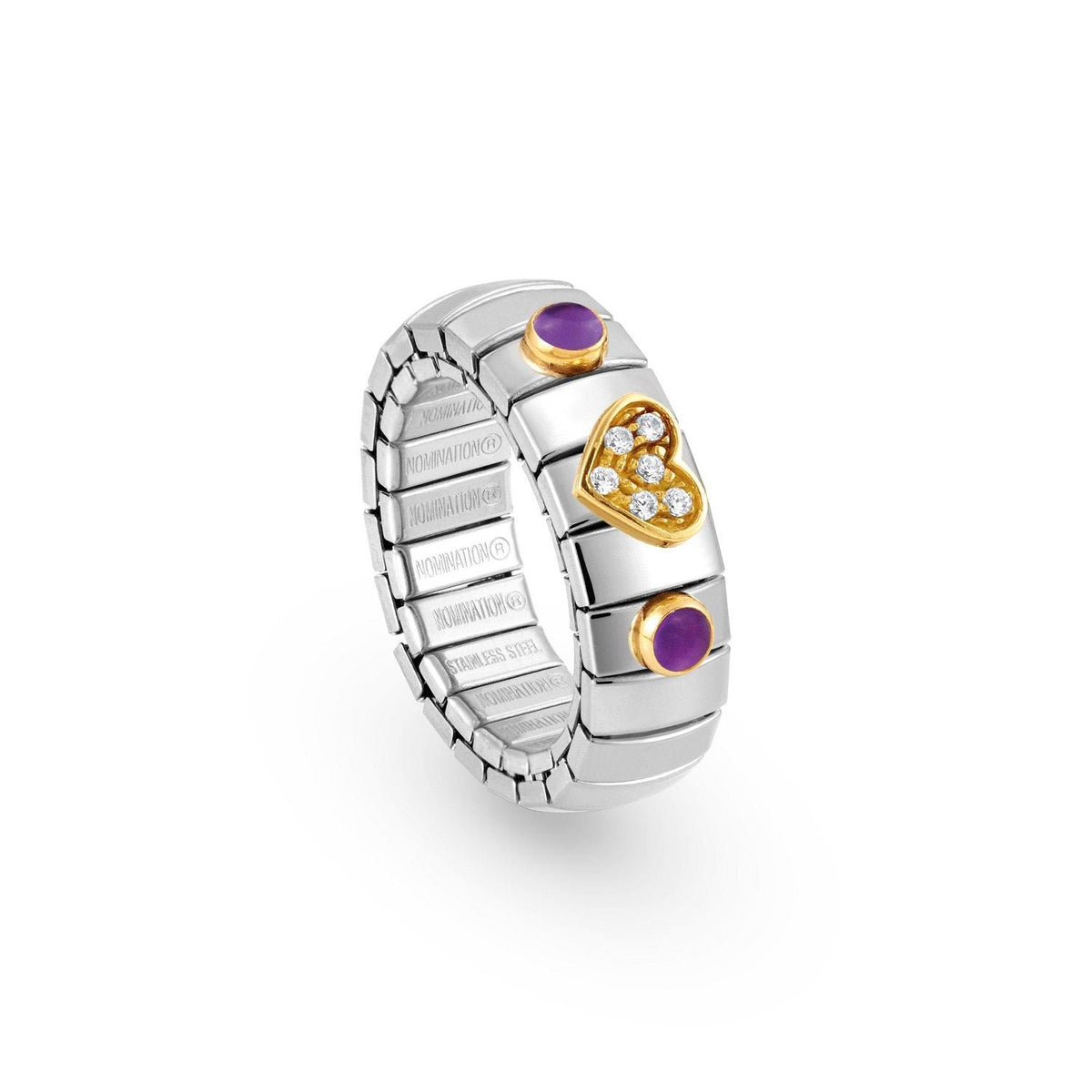 Nomination Ring XTE in Edelstahl, HERZ in 750er Gold, Cubic Zirkonia und mit 2 Edelsteinen (013_AMETHYST)