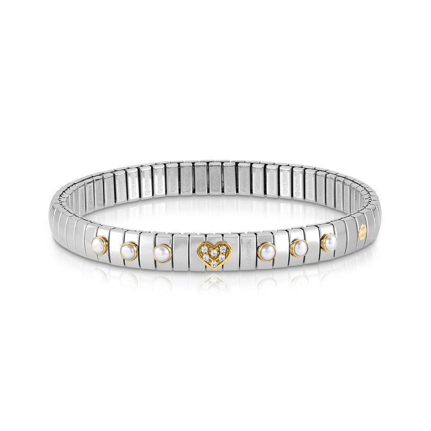 Nomination Armband XTE in Edelstahl, HERZ in 750er Gold, Cubic Zirkonia und mit 6 Edelsteinen (007_PERLE WEISS)