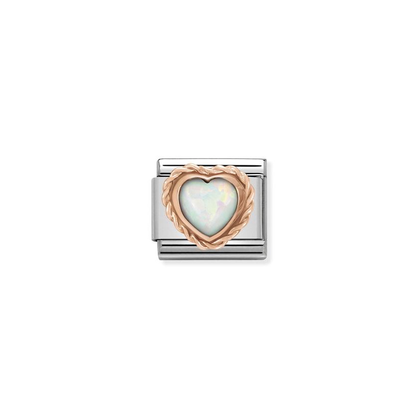 Nomination COMPOSABLE CLASSIC aus Edelstahl, mit Edelsteinherzen in Kordelfassung aus 9Kt Rosegold verziert (22_OPAL WEISS)