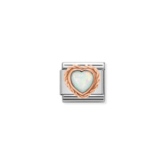 Nomination COMPOSABLE CLASSIC aus Edelstahl, mit Edelsteinherzen in Kordelfassung aus 9Kt Rosegold verziert (22_OPAL WEISS)