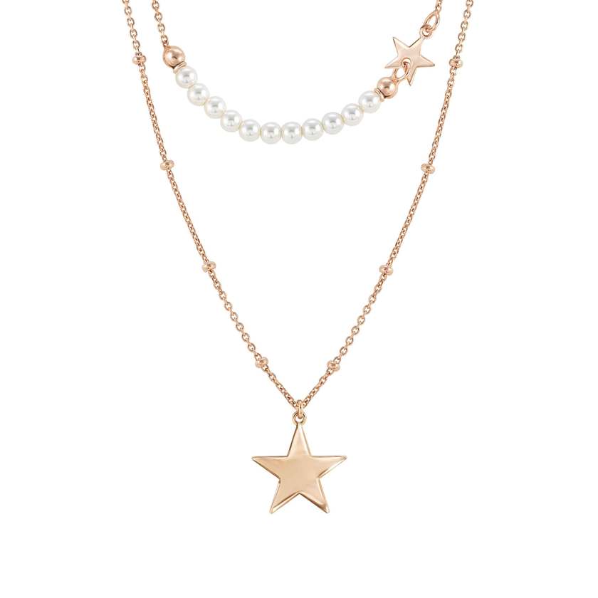 Nomination MELODIE PERLE EDITION Halskette (L: 40-44) aus 925er Silber, mit Perlen (Weiss) verziert, dazu Anhaenger (033_(Stern, Rose))