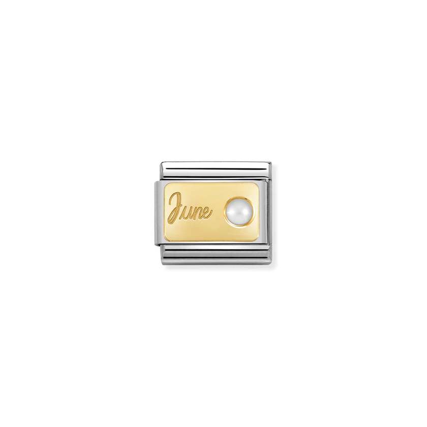 Nomination COMPOSABLE CLASSIC MONATSSTEINE Element aus Edelstahl, mit 18Kt Gelbgold und Edelsteinen verziert (06_Juni PERLE WEISS)