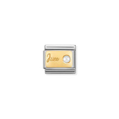 Nomination COMPOSABLE CLASSIC MONATSSTEINE Element aus Edelstahl, mit 18Kt Gelbgold und Edelsteinen verziert (06_Juni PERLE WEISS)
