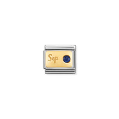 Nomination COMPOSABLE CLASSIC MONATSSTEINE Element aus Edelstahl, mit 18Kt Gelbgold und Edelsteinen verziert (09_September SAPHIR)