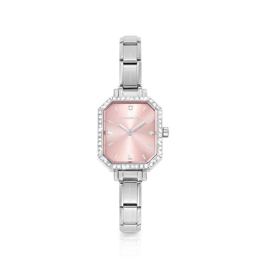 Nomination PARIS Armbanduhr aus Edelstahl mit eckigem Gehaeuse, mit Cubic Zirkonia umrandet (014_Rose)