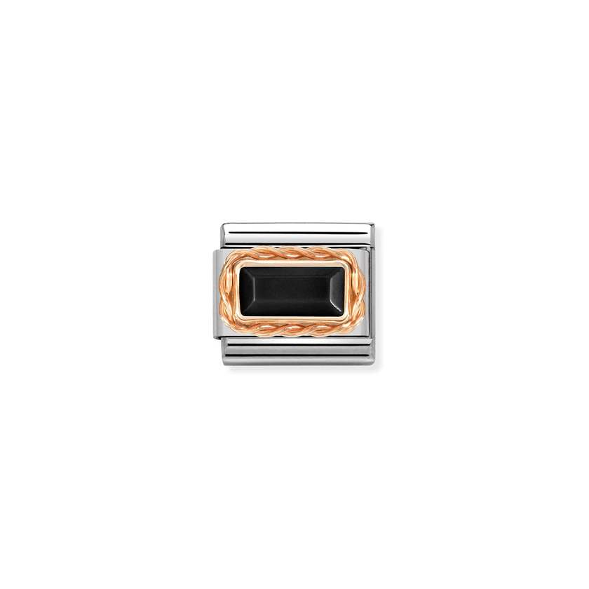 Nomination COMPOSABLE CLASSIC Element aus Edelstahl mit Edelsteinen im Baguette-Schliff in Kordelfassung aus 9kt Rosegold verziert (02_ACHAT SCHWARZ)
