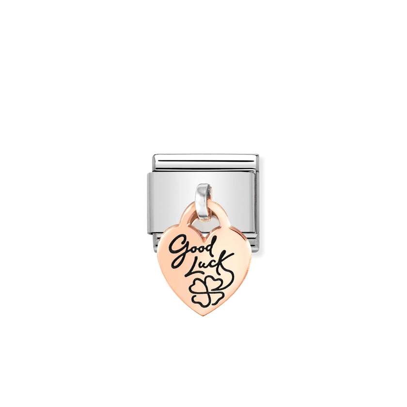 Nomination COMPOSABLE CLASSIC CHARMS Element aus Edelstahl, dazu Charm-Anhaenger aus 9kt Rosegold mit Gravur (07_(Herz, Good luck))