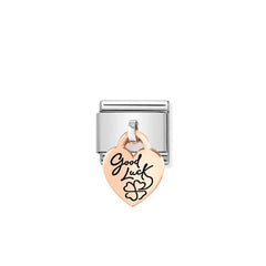 Nomination COMPOSABLE CLASSIC CHARMS Element aus Edelstahl, dazu Charm-Anhaenger aus 9kt Rosegold mit Gravur (07_(Herz, Good luck))