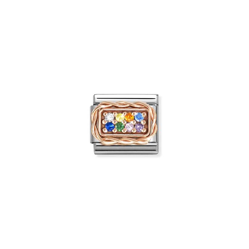 Nomination COMPOSABLE CLASSIC PAVÉES Element aus Edelstahl, mit Cubic Zirkonia in 9kt Roségold-Kordelfassung verziert (17_(Regenbogen Mix))