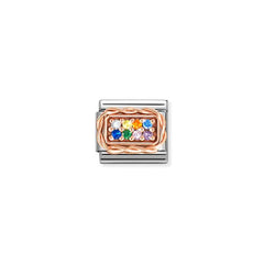 Nomination COMPOSABLE CLASSIC PAVÉES Element aus Edelstahl, mit Cubic Zirkonia in 9kt Roségold-Kordelfassung verziert (17_(Regenbogen Mix))
