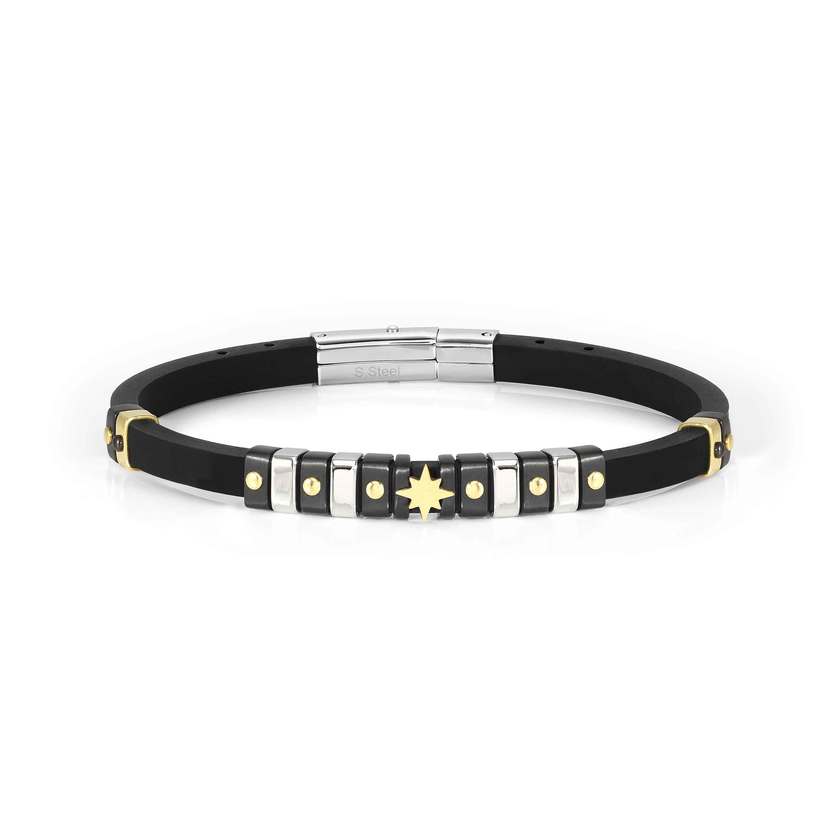 Nomination CITY Kautschuk-Armband mit Edelstahl-Beads (mit Punkten verziert), dazu Schmuckelement, gelbgold PVD-beschichtet (014_Windrose)