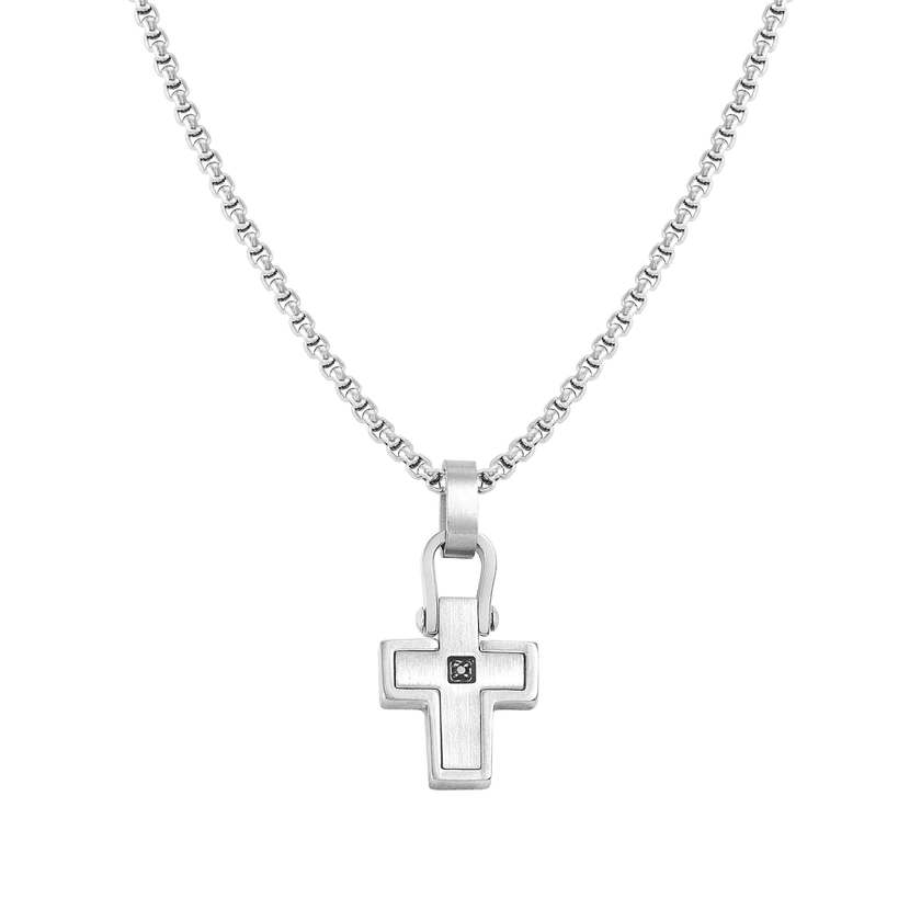 Nomination MANVISION Halskette aus Edelstahl, dazu mit Cubic Zirkonia verzierter Kreuz-Anhaenger (007_SCHWARZ)