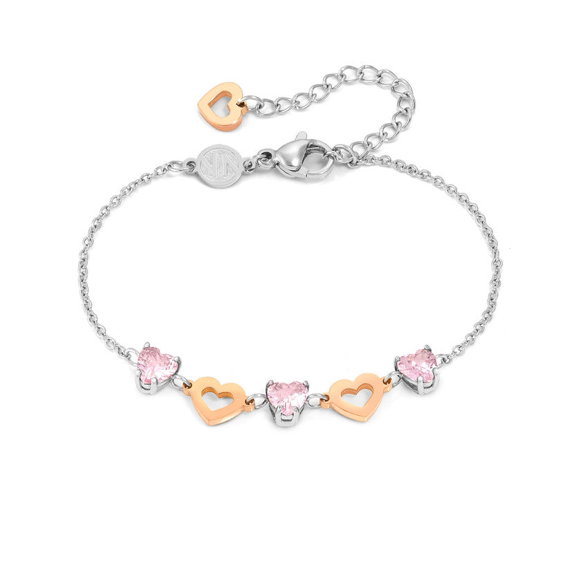 Nomination PRINCIPESSINA Armband aus Edelstahl, mit Cubic Zirkonia im Herz-Schliff und rose PVD-beschichteten Symbolen verziert (022_Herz)
