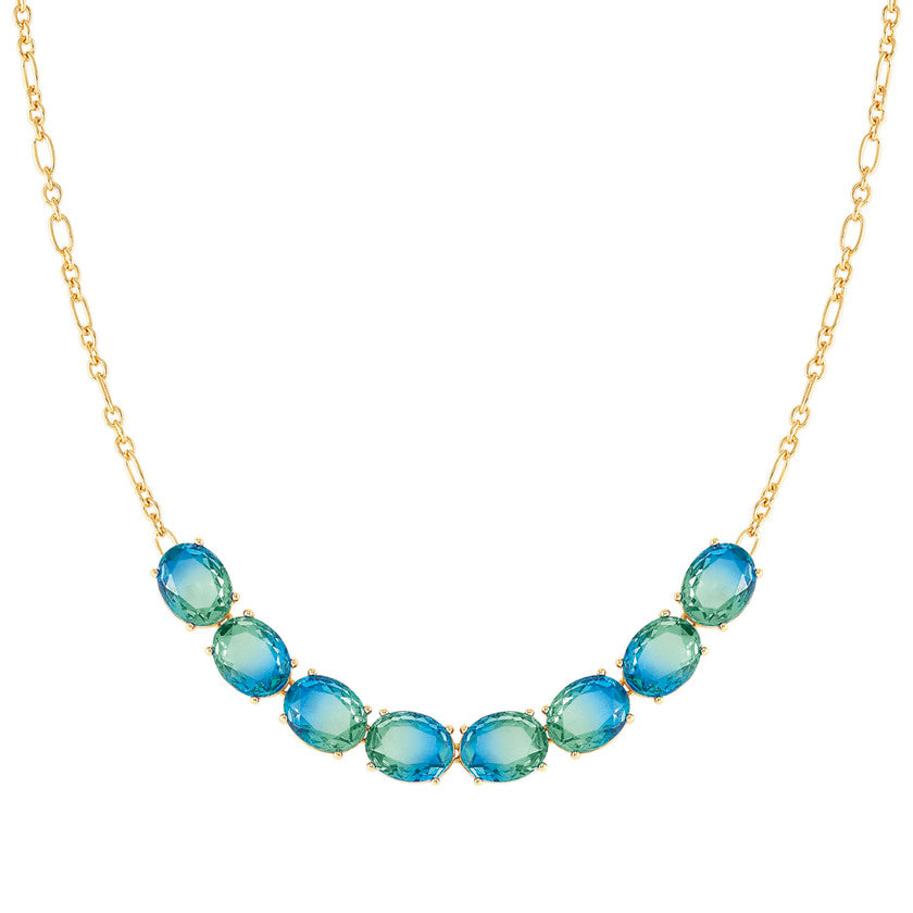 Nomination SYMBIOSI Halskette aus 925er Silber, mit Glassteinen (zweifarbig, klein) verziert (026_(Hellblau/Gruen, Gelbgold))