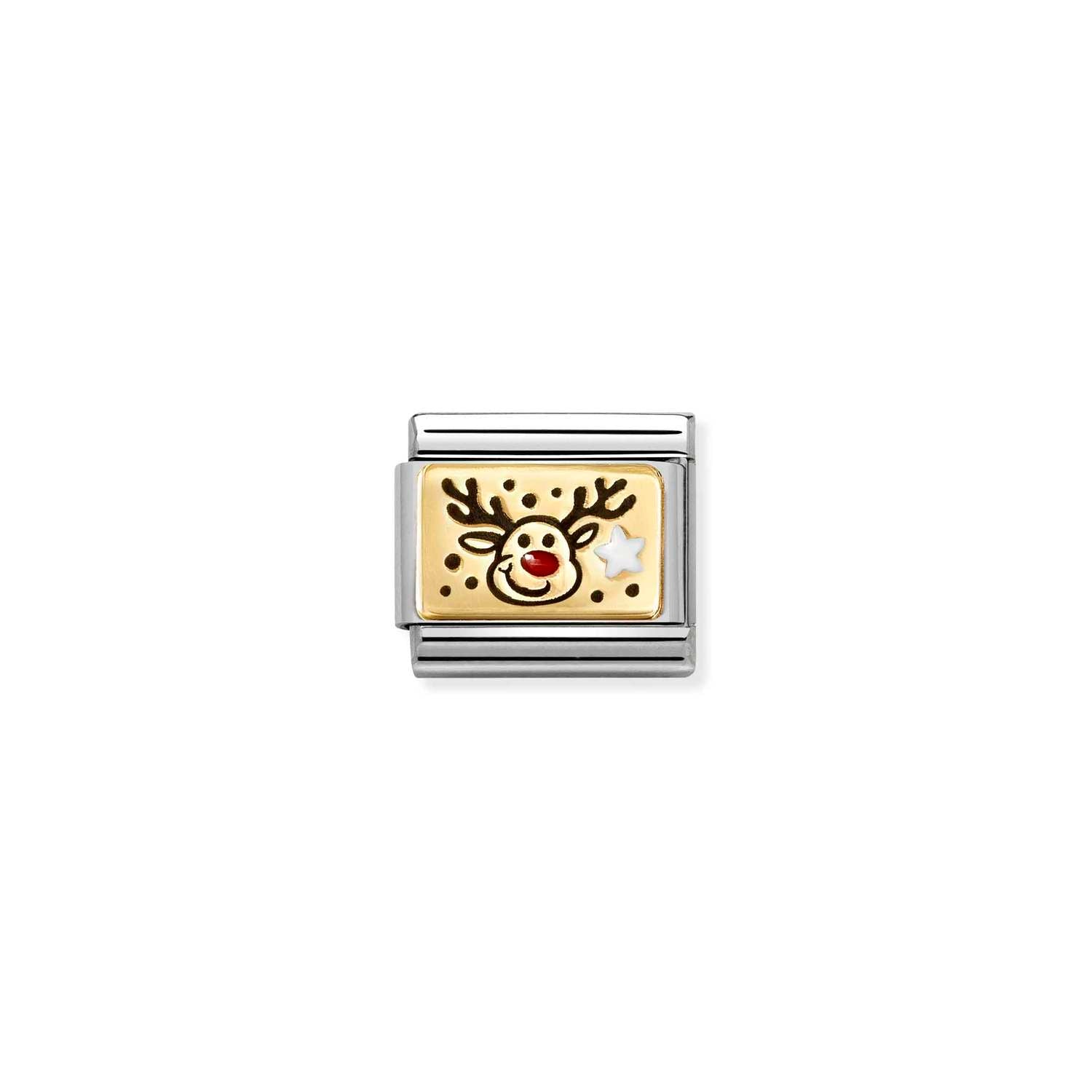 Nomination COMPOSABLE CLASSIC PLATTEN Element aus Edelstahl, mit Emaille und 18Kt Gelbgold verziert (11_(Rentier mit roter Nase))