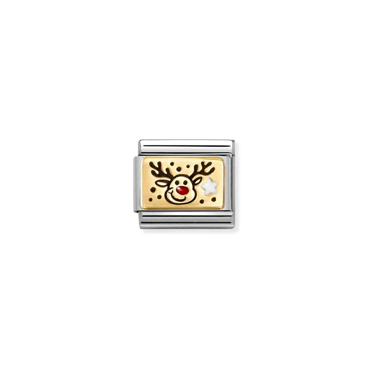 Nomination COMPOSABLE CLASSIC PLATTEN Element aus Edelstahl, mit Emaille und 18Kt Gelbgold verziert (11_(Rentier mit roter Nase))