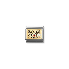 Nomination COMPOSABLE CLASSIC PLATTEN Element aus Edelstahl, mit Emaille und 18Kt Gelbgold verziert (11_(Rentier mit roter Nase))