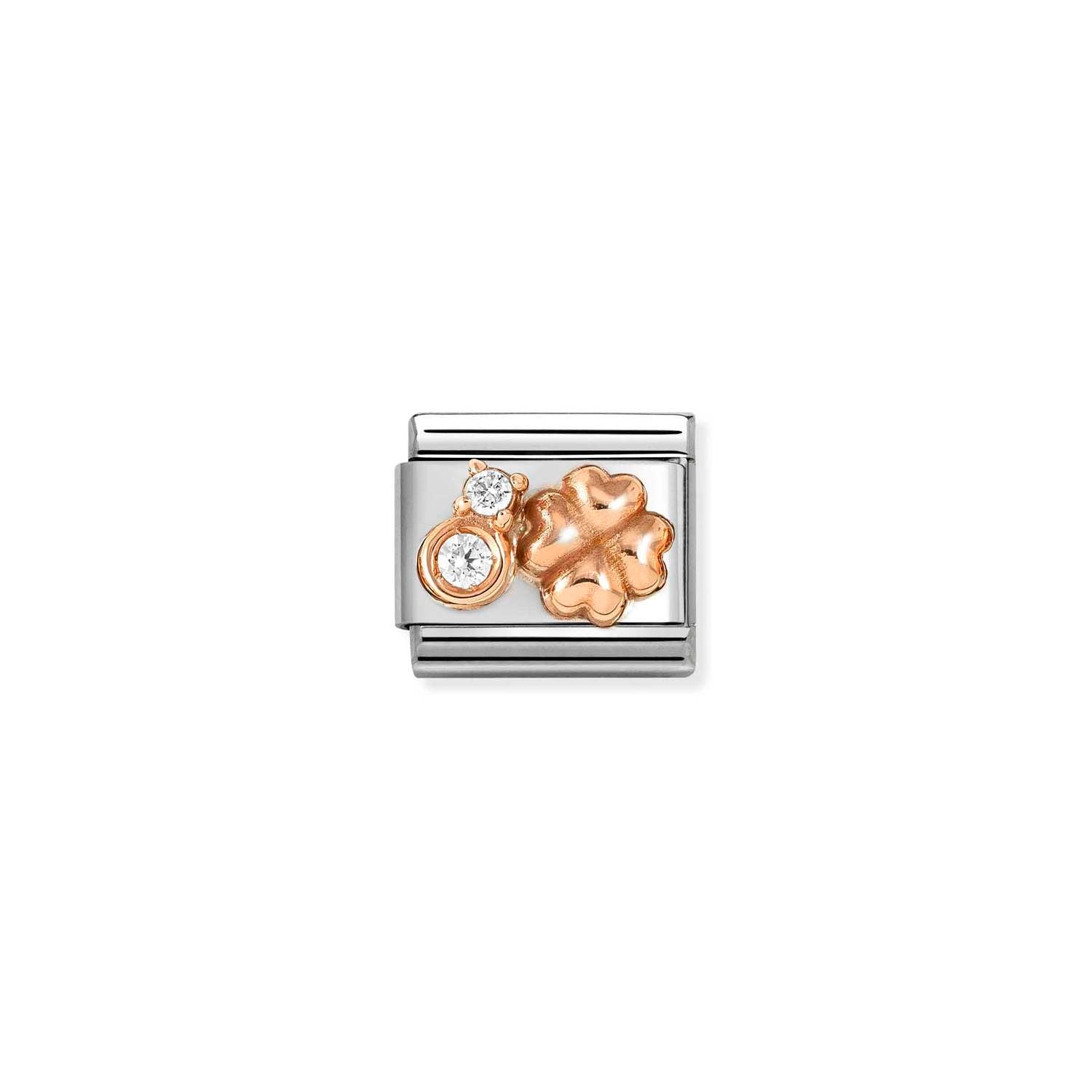 Nomination COMPOSABLE CLASSIC SYMBOLE aus Edelstahl, mit 9Kt Rosegold verziert, (52_(gewölbter Glücksklee, Weiß))