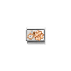 Nomination COMPOSABLE CLASSIC SYMBOLE aus Edelstahl, mit 9Kt Rosegold verziert, (52_(gewölbter Glücksklee, Weiß))
