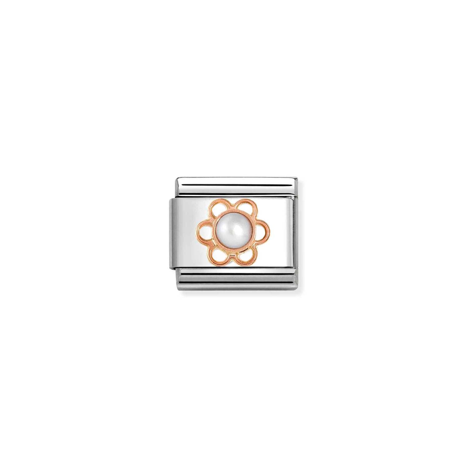 Nomination COMPOSABLE CLASSIC ZEICHEN UND SCHMUCKSTEINE Edelstahl und Gold 9K (02_(Blume, weiße Perle))