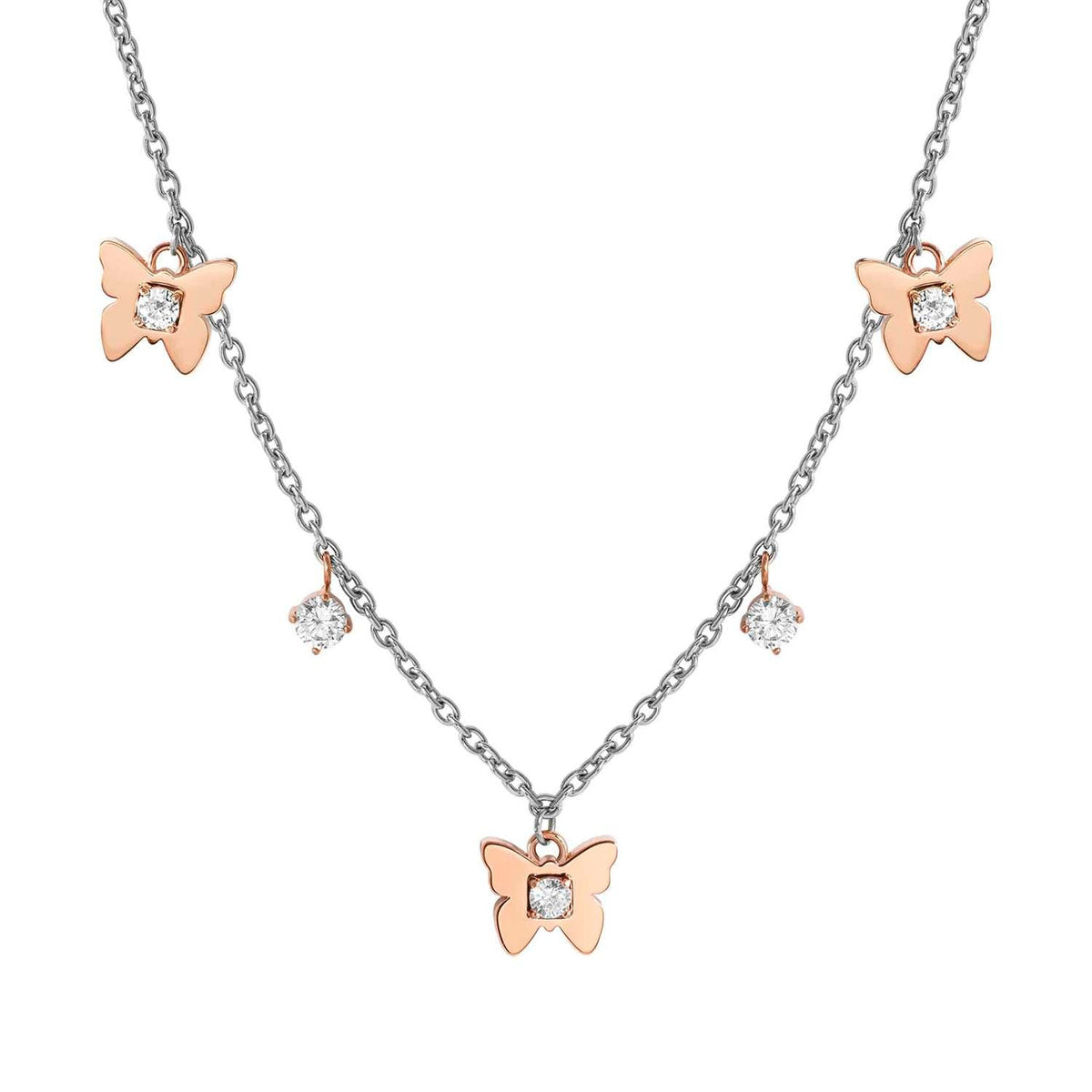 Nomination MYSOPHIE Halskette aus Edelstahl, dazu 3 Symbole und Charm-Anhänger, rosé PVD-beschichtet und mit Cubic Zirkonia verziert (010_Schmetterling)