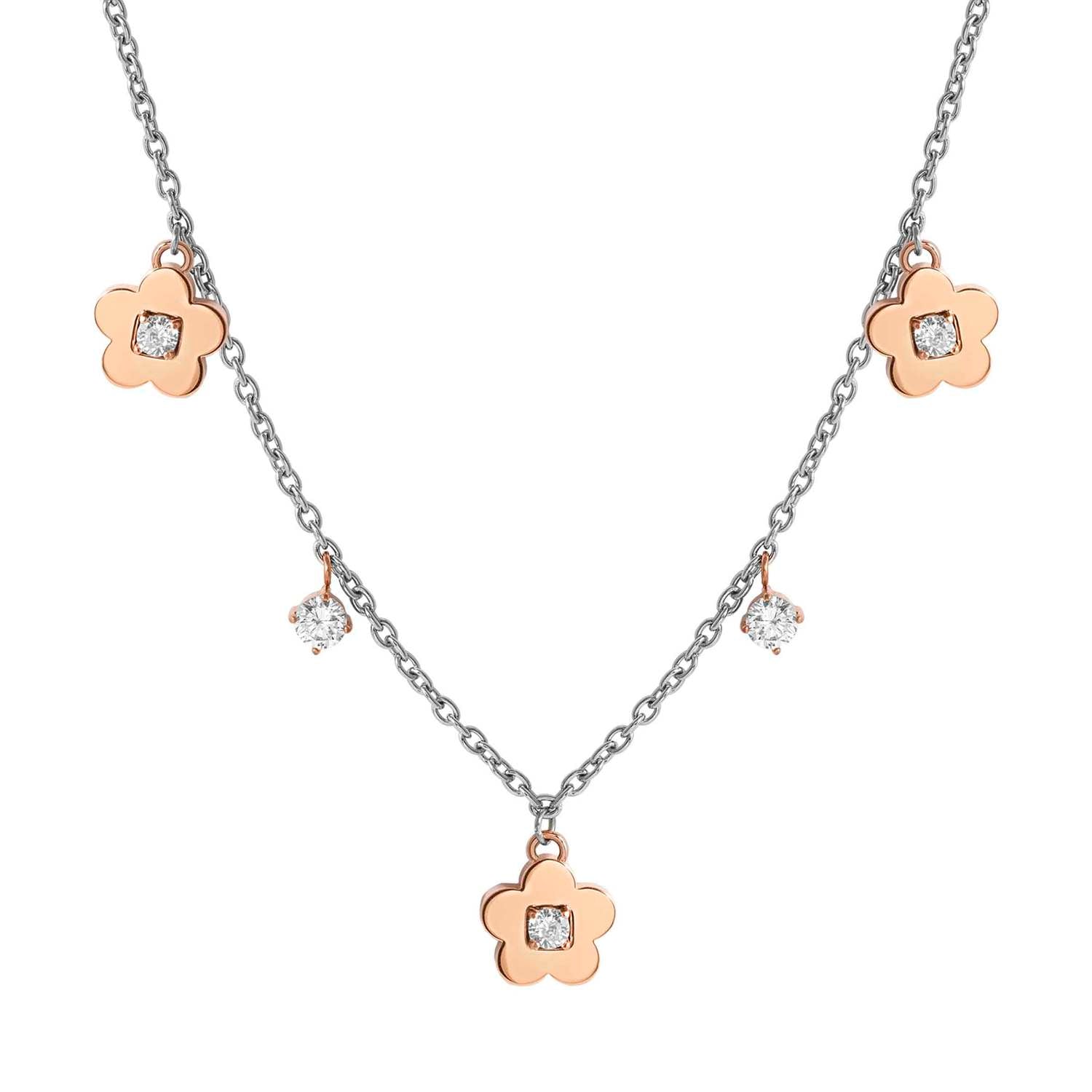 Nomination MYSOPHIE Halskette aus Edelstahl, dazu 3 Symbole und Charm-Anhänger, rosé PVD-beschichtet und mit Cubic Zirkonia verziert (059_(Blume))