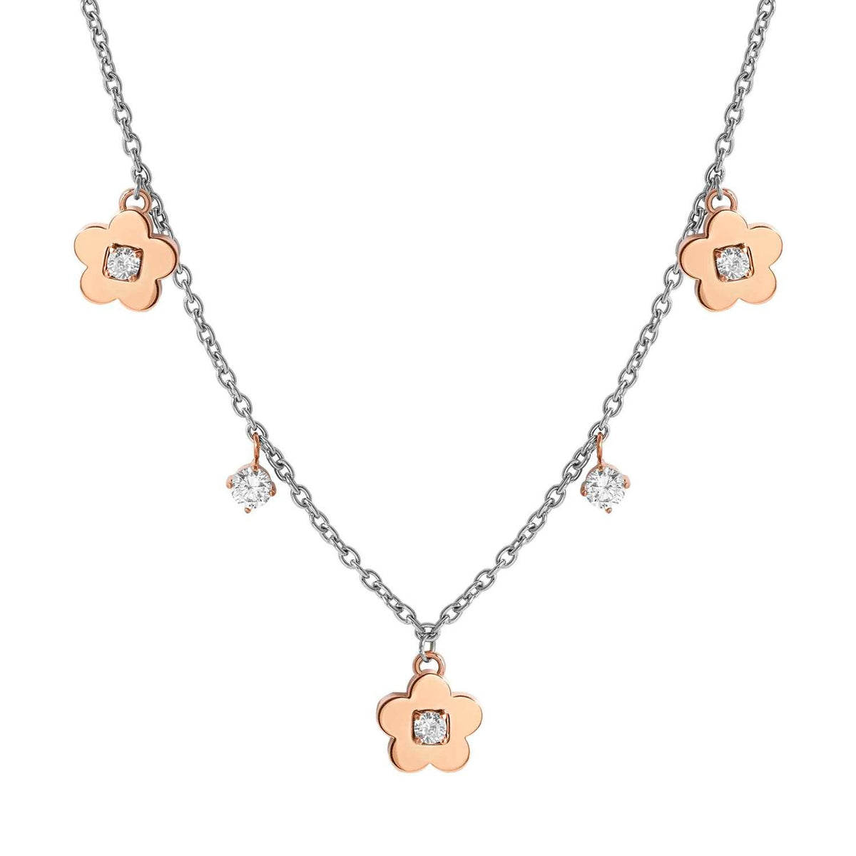 Nomination MYSOPHIE Halskette aus Edelstahl, dazu 3 Symbole und Charm-Anhänger, rosé PVD-beschichtet und mit Cubic Zirkonia verziert (059_(Blume))