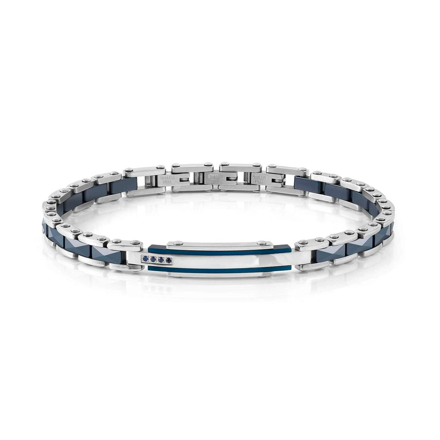 Nomination STRONG DIAMOND Armband aus Edelstahl mit Keramik-Details, dazu mit 4 Schmucksteinen verzierte Plakette (030_(Saphir, Blau))