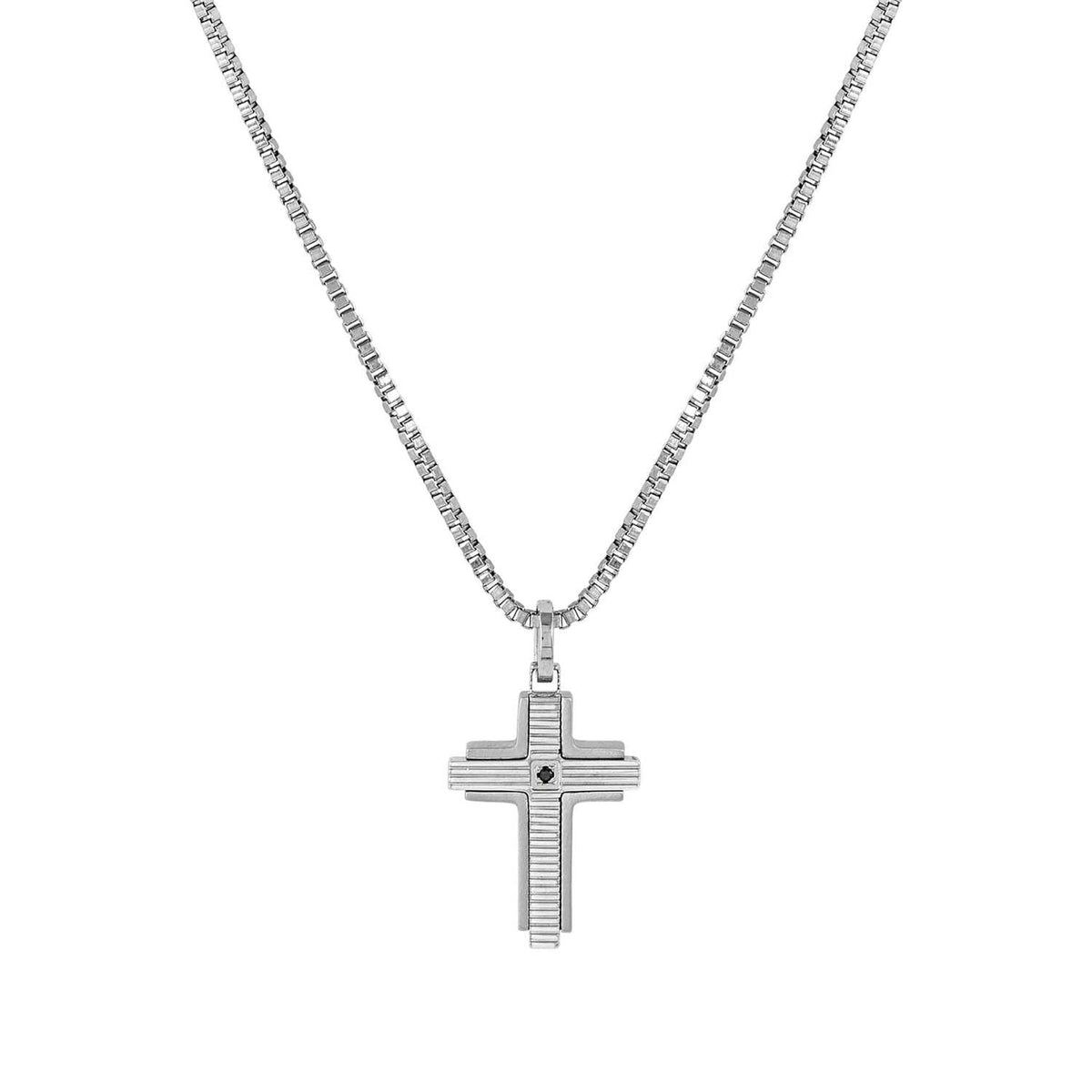 Nomination STRONG DIAMOND Halskette aus Edelstahl, dazu Kreuzanhänger (gerillt), mit 1 Diamant verziert (007_SCHWARZ)