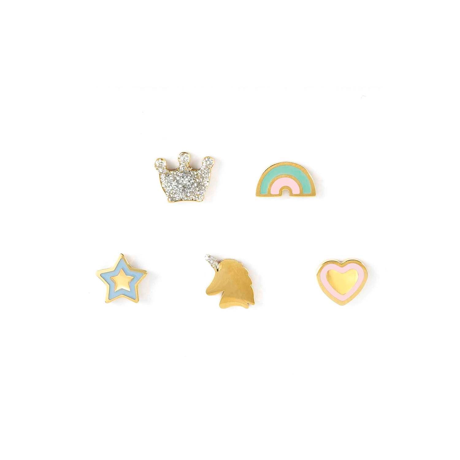 Nomination FAIRYICONS Ohrschmuck-Set (5 Stk) aus Edelstahl, gold PVD-beschichtet, mit Emaille verziert (050_gemischt)