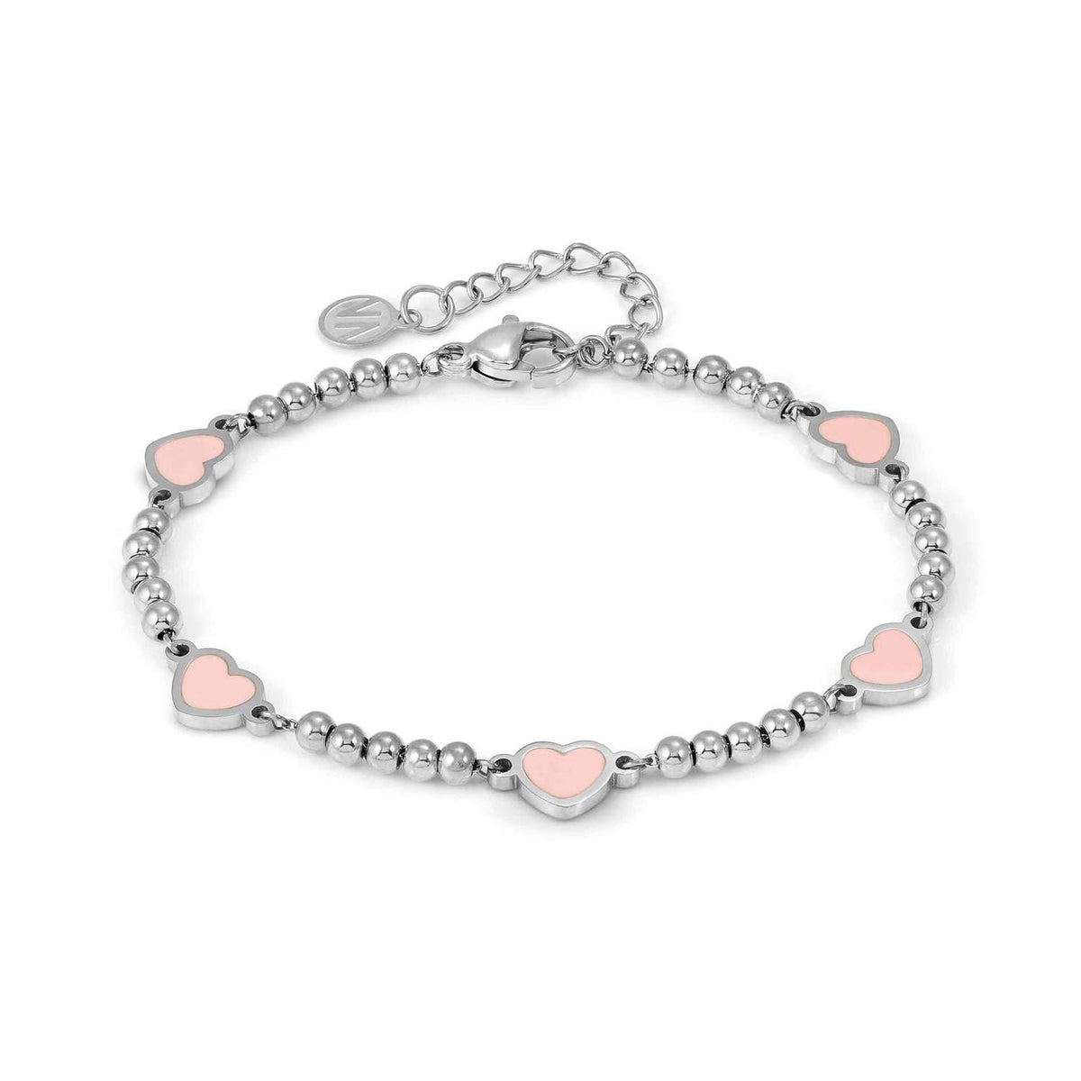 Nomination EMOSFERE Armband aus Edelstahlperlen, dazu 5 mit Emaille verzierte Schmuckelemente (006_(Herz, Rosa))