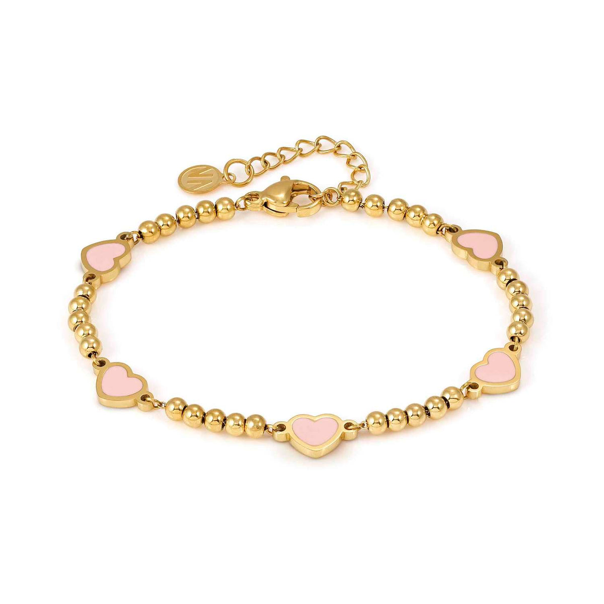 Nomination EMOSFERE Armband aus Edelstahlperlen, gold PVD-beschichtet, dazu 5 mit Emaille verzierte Schmuckelemente (006_(Herz, Rosa))