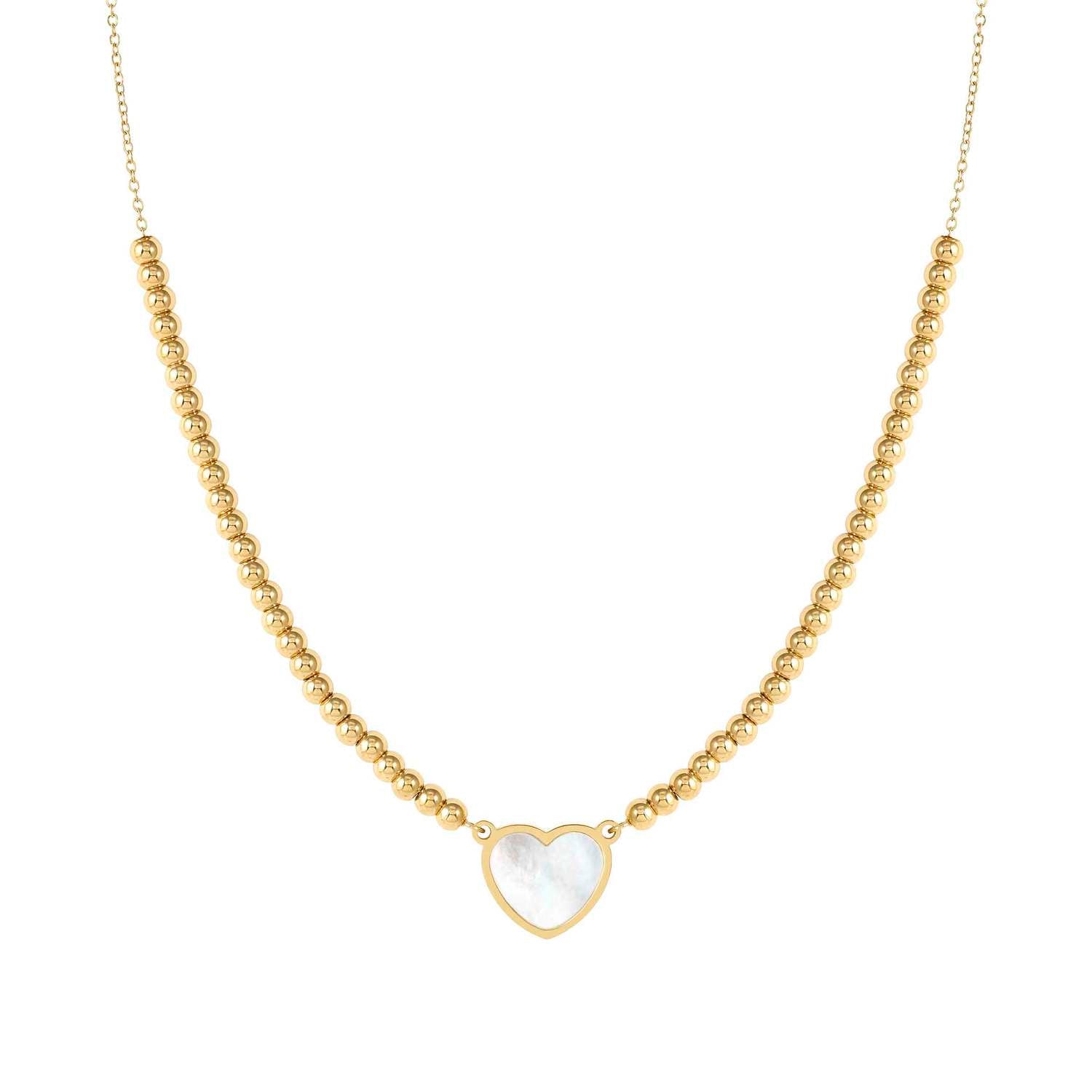 Nomination EMOSFERE Halskette mit Edelstahlperlen, gold PVD-beschichtet, dazu 1 mit Perlmutt verziertes Schmuckelement (036_(Herz, Weiß))