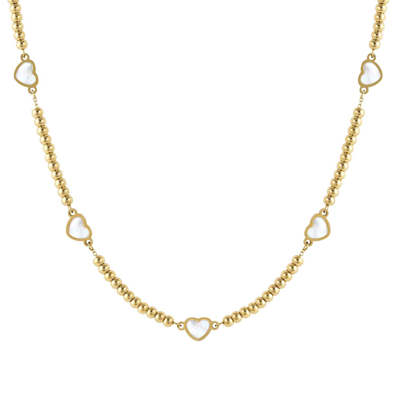 Nomination EMOSFERE Halskette aus Edelstahlperlen, gold PVD-beschichtet, dazu 5 mit Perlmutt verzierte Schmuckelemente (036_(Herz, Weiß))