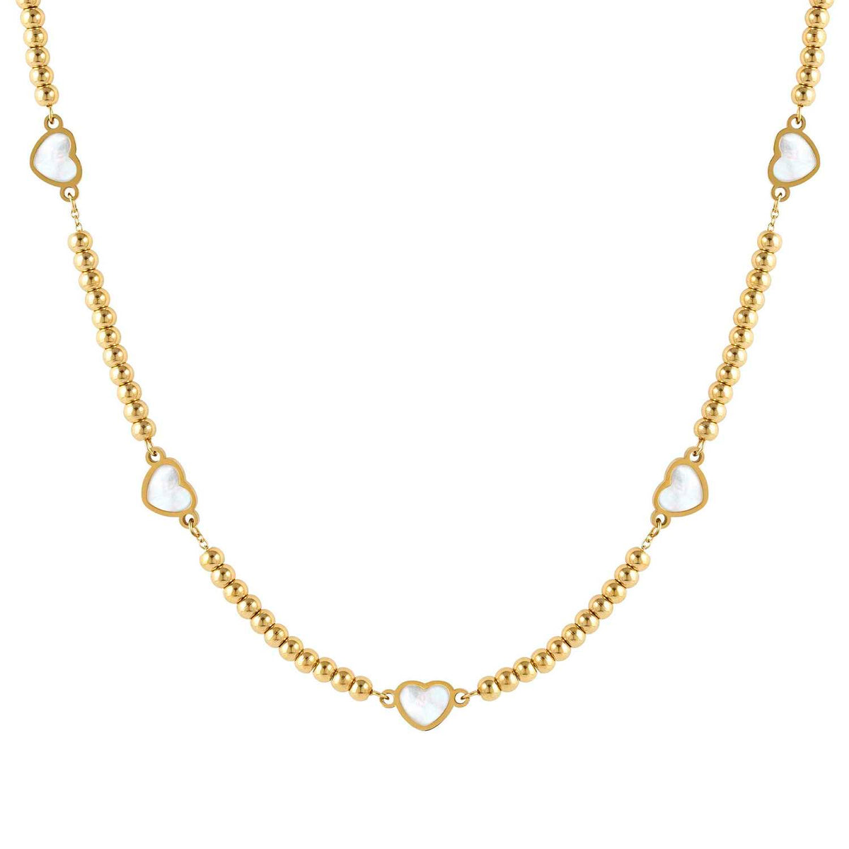 Nomination EMOSFERE Halskette aus Edelstahlperlen, gold PVD-beschichtet, dazu 5 mit Perlmutt verzierte Schmuckelemente (036_(Herz, Weiß))