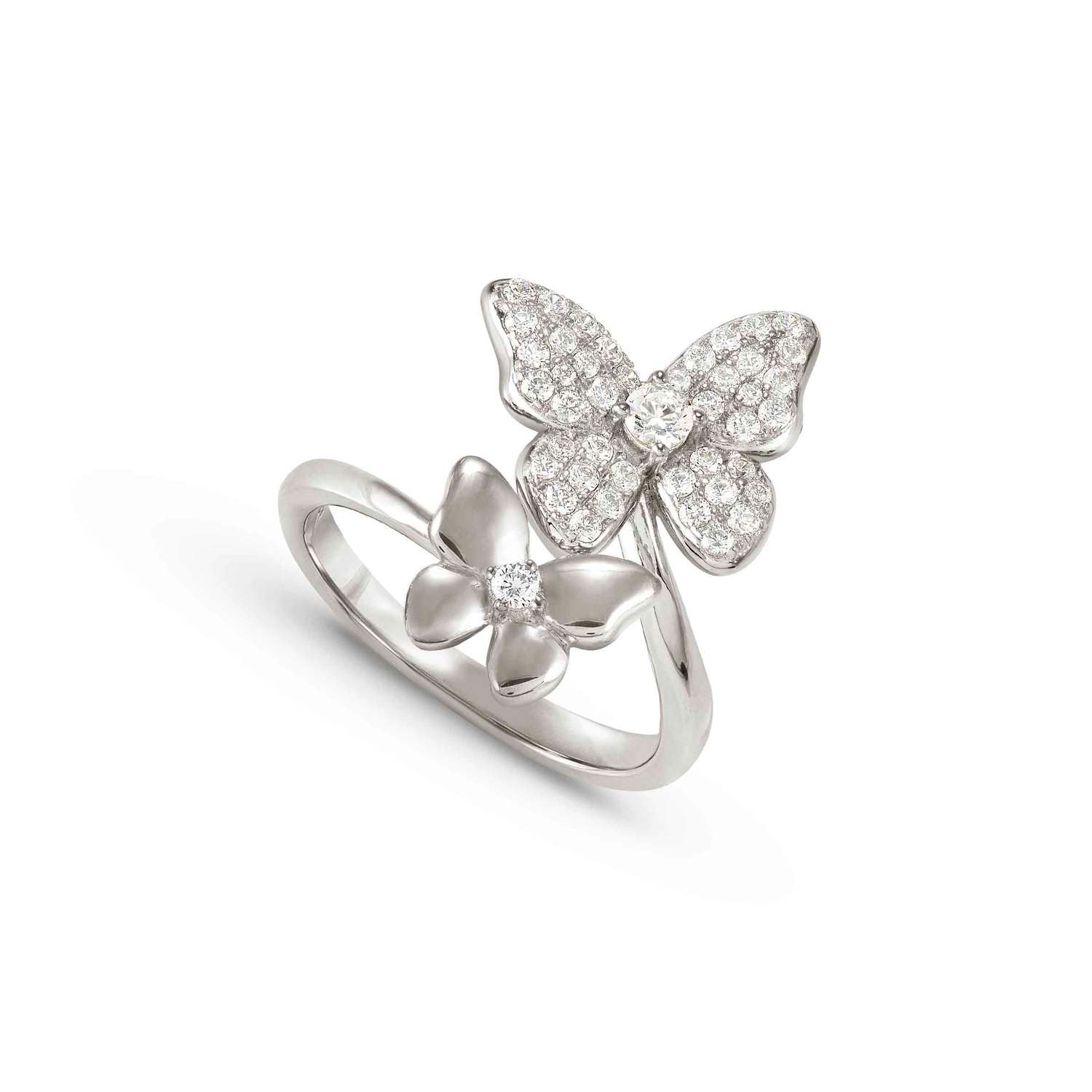 Nomination SWEETMADAME 'Toi-et-Moi'-Ring aus 925er Silber, dazu 2 mit Cubic Zirkonia verzierte Schmuckelemente (040_(Schmetterling)-006_Grosse 15)