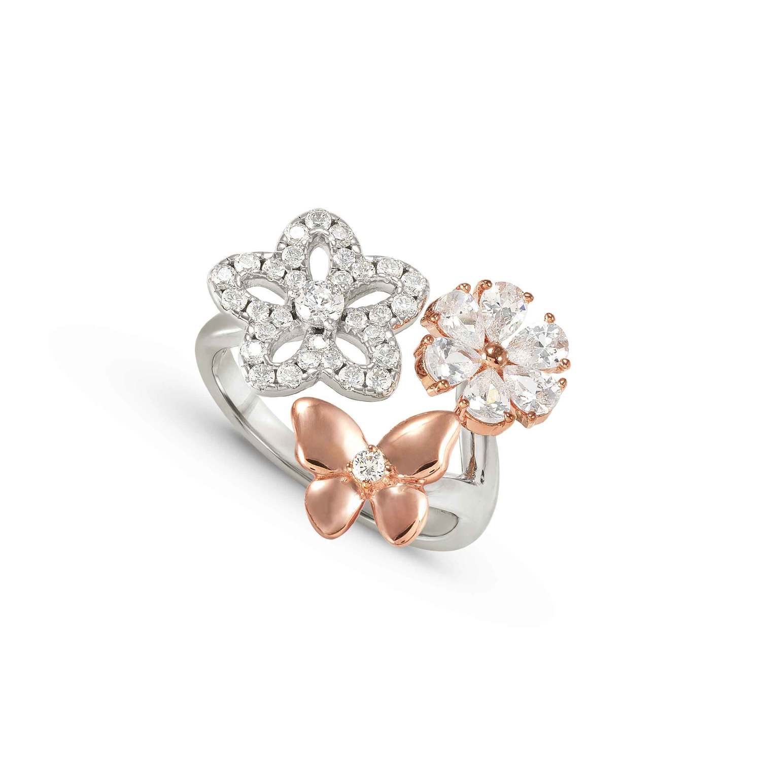 Nomination SWEETMADAME 'Toi-et-Moi'-Ring aus 925er Silber, dazu 3 mit Cubic Zirkonia verzierte Schmuckelemente (051_Mix (Rosegold)-010_Grosse 19)