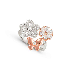 Nomination SWEETMADAME 'Toi-et-Moi'-Ring aus 925er Silber, dazu 3 mit Cubic Zirkonia verzierte Schmuckelemente (051_Mix (Rosegold)-010_Grosse 19)