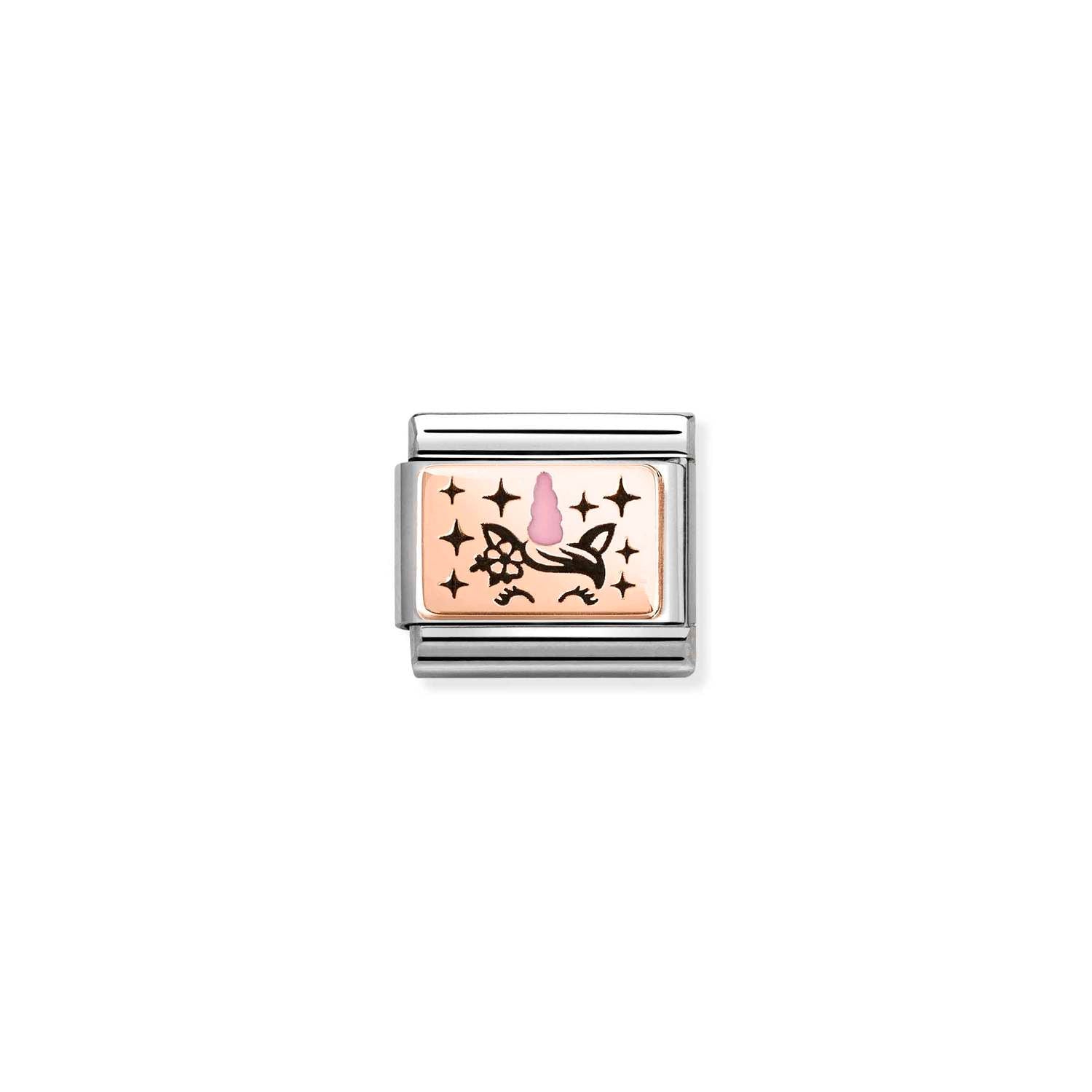 Nomination COMPOSABLE CLASSIC Element aus Edelstahl, dazu Plaettchen aus 9kt Rosegold, mit Emaille verziert (03_(Einhorn, Rosa))