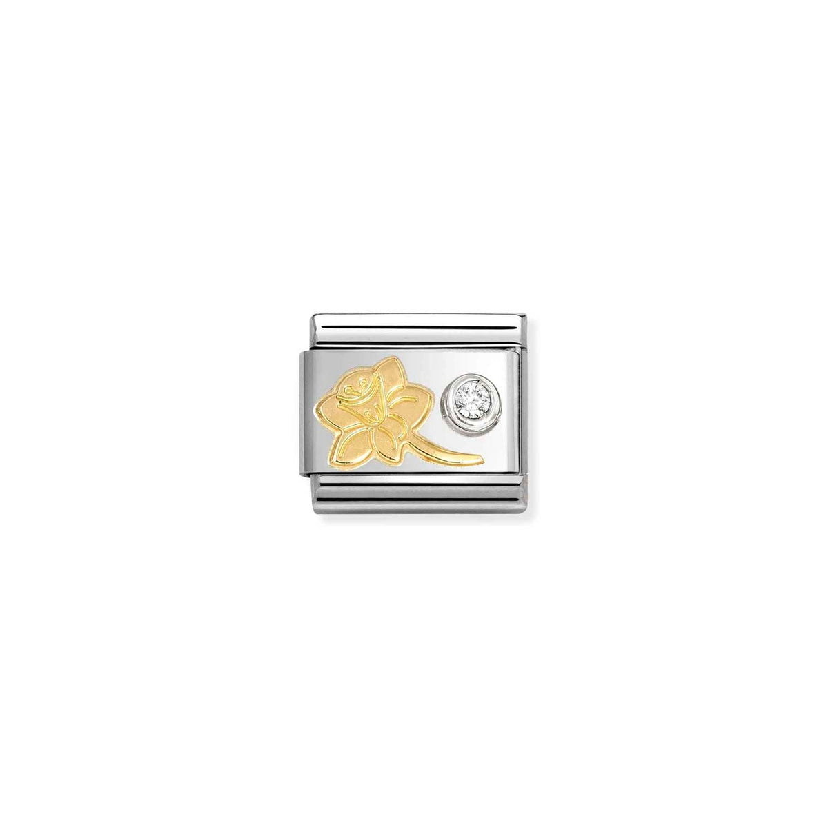 Nomination COMPOSABLE CLASSIC SYMBOLE Element aus Edelstahl, mit 18kt Gold und Cubic Zirkonia in 925er Silber-Fassung verziert (05_(Narzisse, weißer CZ))