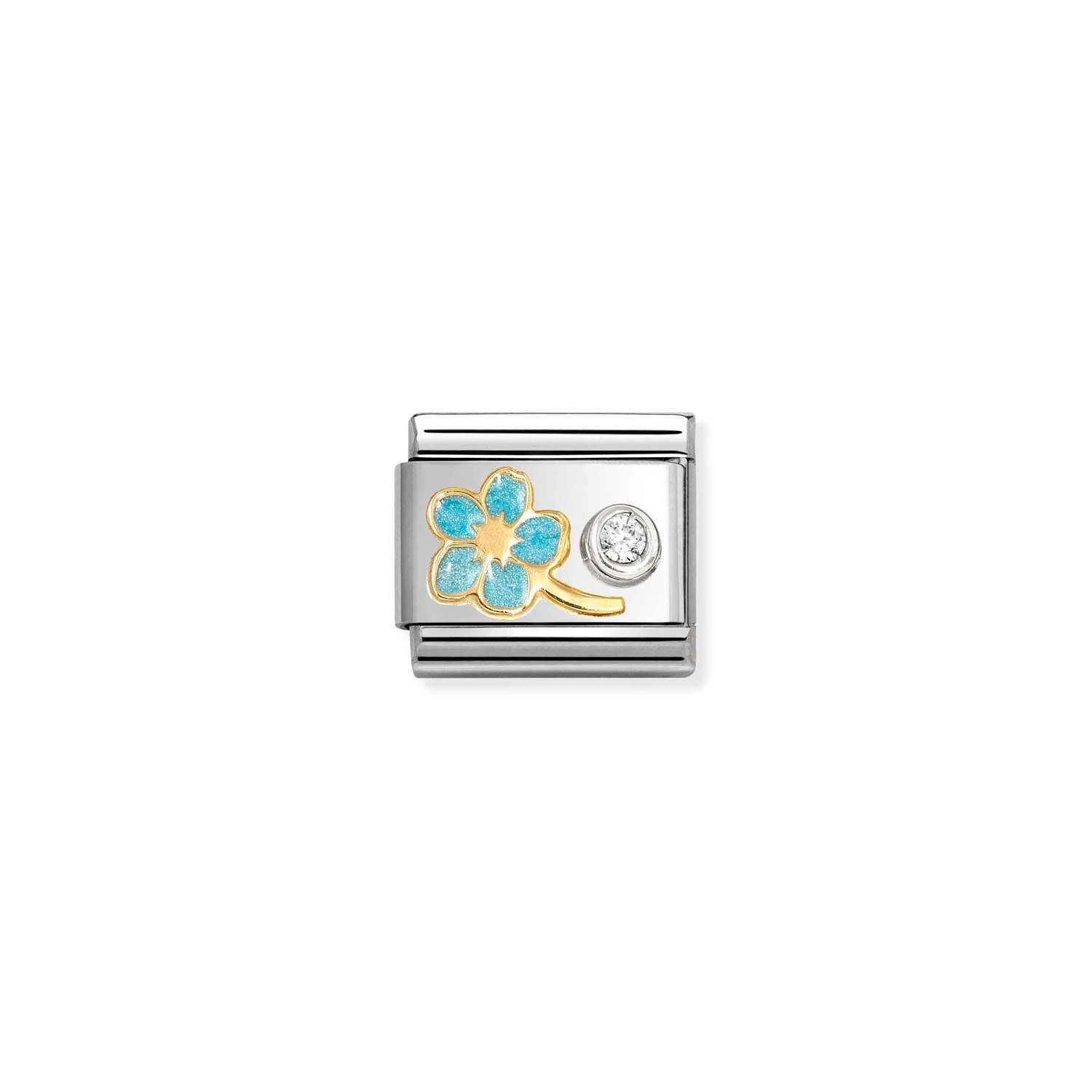 Nomination COMPOSABLE CLASSIC SYMBOLE Element aus Edelstahl, mit Emaille, 18kt Gold und Cubic Zirkonia in 925er Silber-Fassung verziert (09_(hellblaues Vergissmeinnicht,)