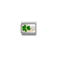 Nomination COMPOSABLE CLASSIC SYMBOLE Element aus Edelstahl, mit Emaille, 18kt Gold und Cubic Zirkonia in 925er Silber-Fassung verziert (12_(grünes Klee, weißer CZ))