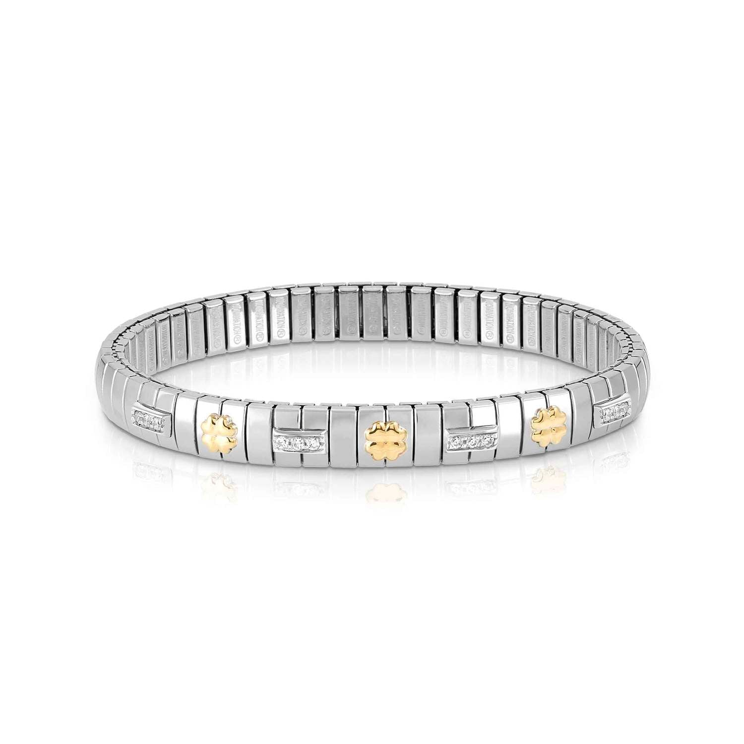 Nomination EXTENSION Armband aus Edelstahl, mit 3 Symbolen aus 18kt Gelbgold und Cubic Zirkonia-Pavés in 925er Silber-Fassung verziert (004_Glucksklee)