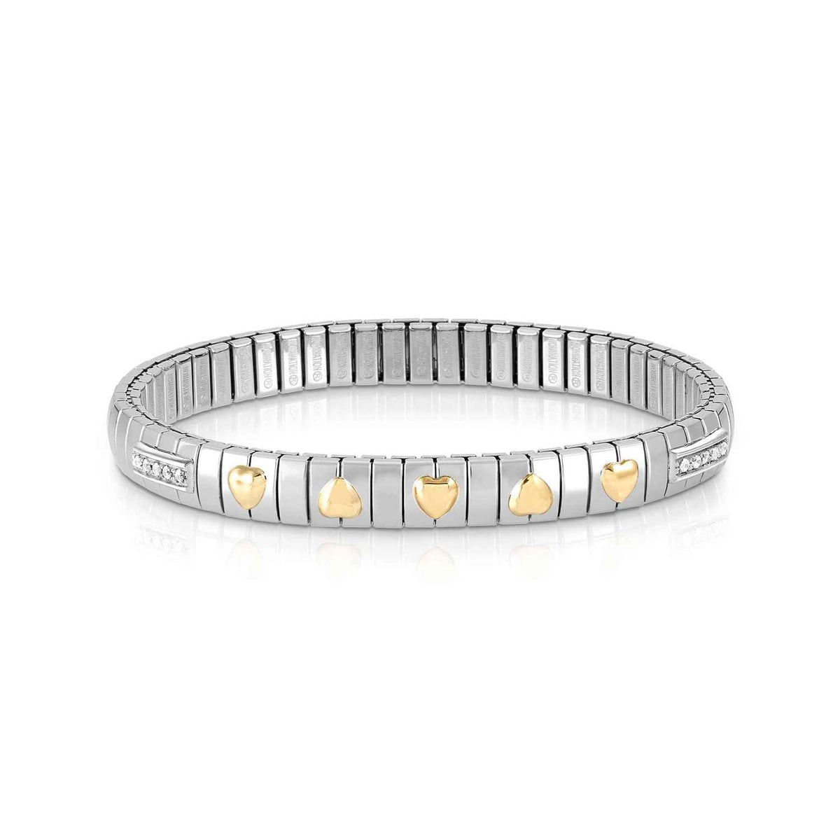 Nomination EXTENSION Armband aus Edelstahl, mit 5 Symbolen aus 18kt Gelbgold und Cubic Zirkonia-Pavés in 925er Silber-Fassung verziert (005_Herz)