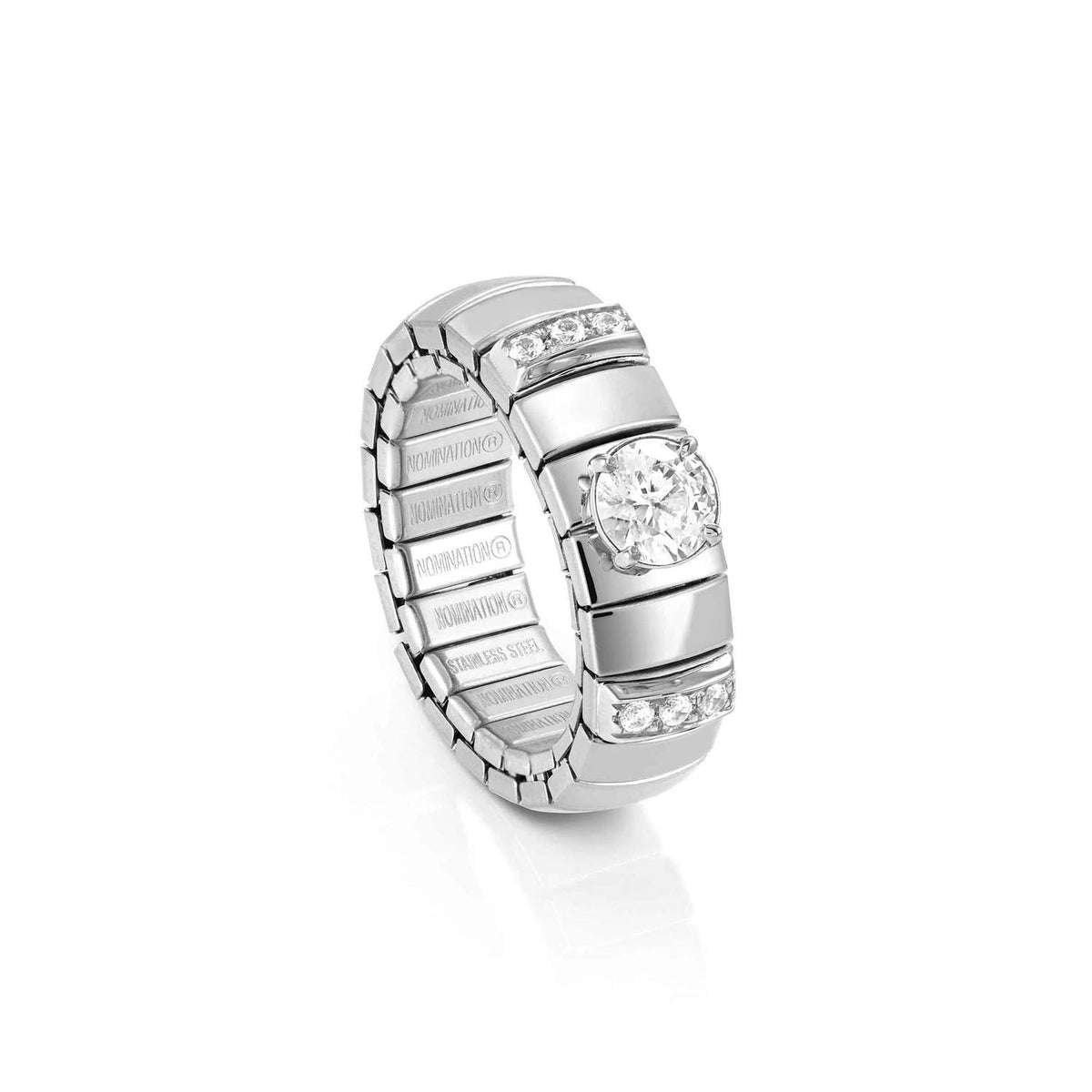 Nomination EXTENSION Ring aus Edelstahl, mit 1 Cubic Zirkonia (Brillant-Schliff) und Cubic Zirkonia-Pavés in 925er Silber-Fassung verziert (010_WEISS)