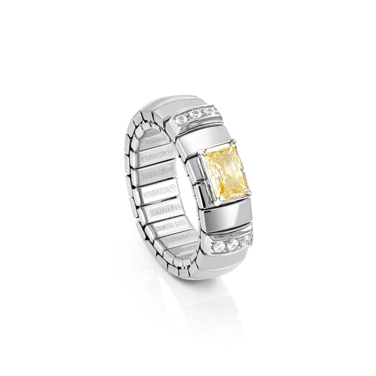 Nomination EXTENSION Ring aus Edelstahl, mit 1 Cubic Zirkonia (Baguette-Schliff) und Cubic Zirkonia-Pavés in 925er Silber-Fassung verziert (002_GELB)